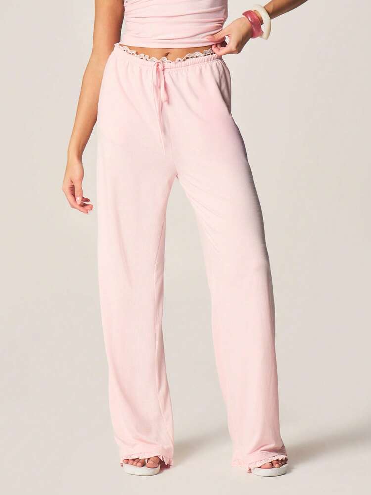 MISSGUIDED Ruffle Trim Wide Leg Palazzo Pants With Drawstring Waist And Decorative Waistband Detail