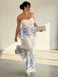 Firerie 大码复古抹胸上衣和宽松长裤两件套，休闲百搭，夏季必备 - 藍白色 - 查看 5