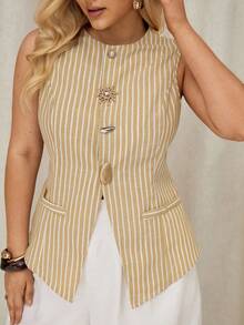 Auralis Plus Size Summer Casual Commuter Striped Front Button Tank Top - Yellow - View 6