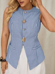 Auralis Blusa de tirantes con botones frontales a rayas, de estilo casual y talla grande para el verano - Azul - Ver 6