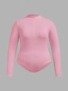 SHEIN Tall CURVE 大码女式两件套黑白半拉链高领修身休闲长袖连体衣 - 粉色 - 查看 3
