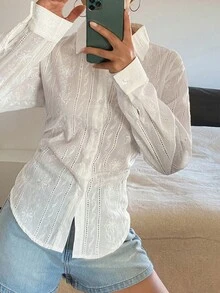 DAZY 女款純色修身腰長袖休閒復古優雅夏季襯衫校園風 - 白色 - 查看 4