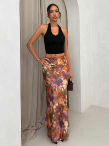 Glamine Elegant Versatile A-Line Skirt, Satin Floral Print Skirt, Summer Apparel, Fitted Fashionable Dress - Light Yellow - View 2