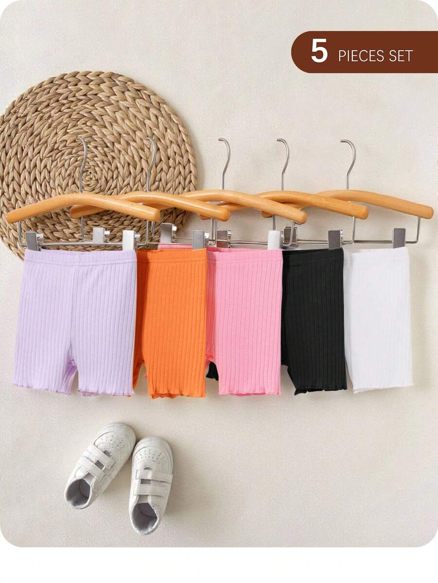 5pcs Baby Girls' Casual Solid Color Elastic Waist Shorts Set - Multicolor - View 1
