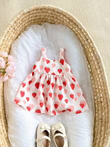 新生女宝宝可爱休闲草莓印花无袖连衣裙 - 紅色 - 查看 8