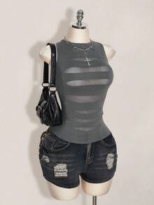 SHEIN ICON Plus Size Y2K Sheer Distressed Sexy Camisole Top, Going Out Tops - Dark Grey - View 9