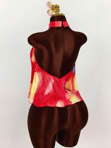 Amplova Camiseta sin mangas con cuello mao, estampado floral asimétrico y plisado de moda - Rojo - Ver 7