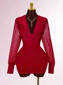 Amplova Plus Size Solid Color V-Neck Waist Fitted Bodycon Dress For Women - Red - View 3