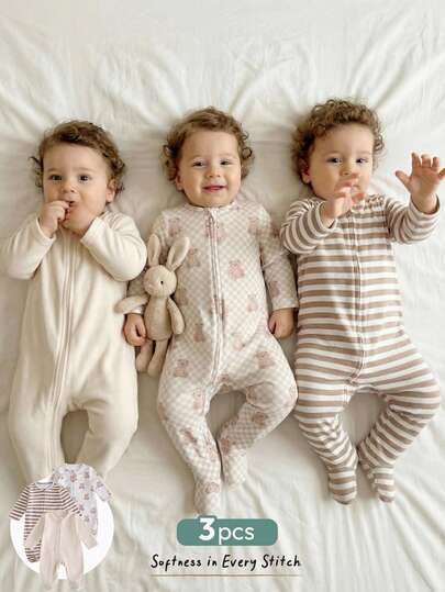 Cozy Pixies Newborn Baby Boy/Girl Cartoon Animal Pattern Knit Soft Crew Neck Long Sleeve Jumpsuit 3 Pieces Set, Infant Casual Zipper Jumpsuit, Autumn Baby Clothes, Unisex Newborn Outfit, Bear Pattern Pajamas, Striped Loungewear, Newborn Sleepwear Multipack