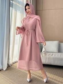 DAZY Women's Elegant Solid Color Flare Sleeve Belted Headscarf 2 Pieces Set, Spring/Summer - Pink - View 6