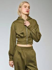 COUREZ 修身连帽衫，束腰设计，外露缝线细节 / Y2K 女式卫衣 女式冬季服装 女式连帽衫 女式夏季运动套装 - 軍綠色 - 查看 2