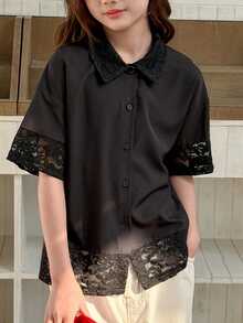 Dazy Kids Tween Girl Contrast Lace Short Sleeve Single-Breasted Casual Shirt - Black - View 3