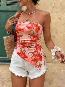 INAWLY 女士休闲印花不对称下摆抹胸上衣 - 彩色 - 查看 1