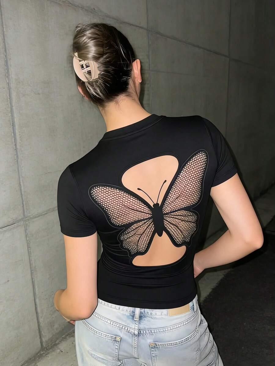 INAWLY 甜辣风酷女孩露背T恤，蝴蝶露背设计 - 黑色 - 查看 1