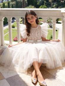 Tween-Mädchen Elegantes luxuriöses Tüll-Patchwork-Prinzessinnenkleid, geeignet für Geburtstagsfeiern, Hochzeiten, BlumenKleid - Aprikosenfarben - Übersicht 1