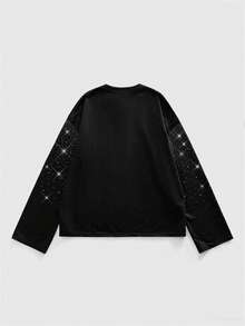 ROMWE MEN Street Life Camiseta de manga larga de cuello redondo con estampado gráfico y adornos de rhinestone para hombre, adecuada para uso diario, primavera/verano - Negro - Ver 2