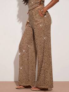 SHEIN BAE Women's Sequin Embellished Loose Wide Leg Pants, Suitable For Summer Vacation - Khaki - View 5