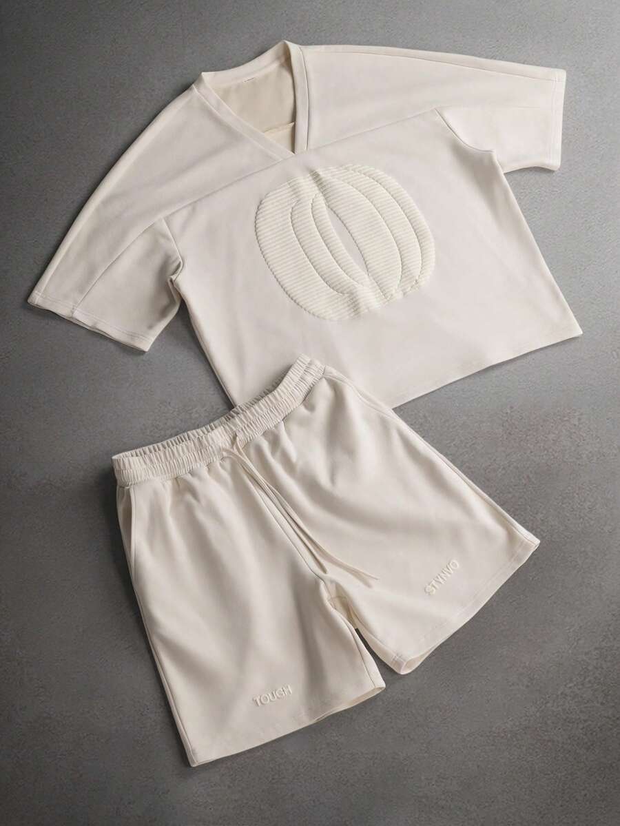 STYNVO Men's Summer Casual Solid Color T-Shirt And Shorts Set,2 Pieces Short Set,Off-White,Streetwear,City Break Co Ord Set,Two Pieces Set Men - Apricot - View 1