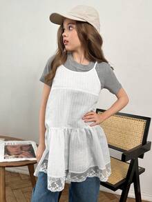 DAZY Tween Girl Solid Color Round Neck Short Sleeve T-Shirt And Ruffle Hem Camisole Dress Casual 2-Piece Set - Grey - View 3