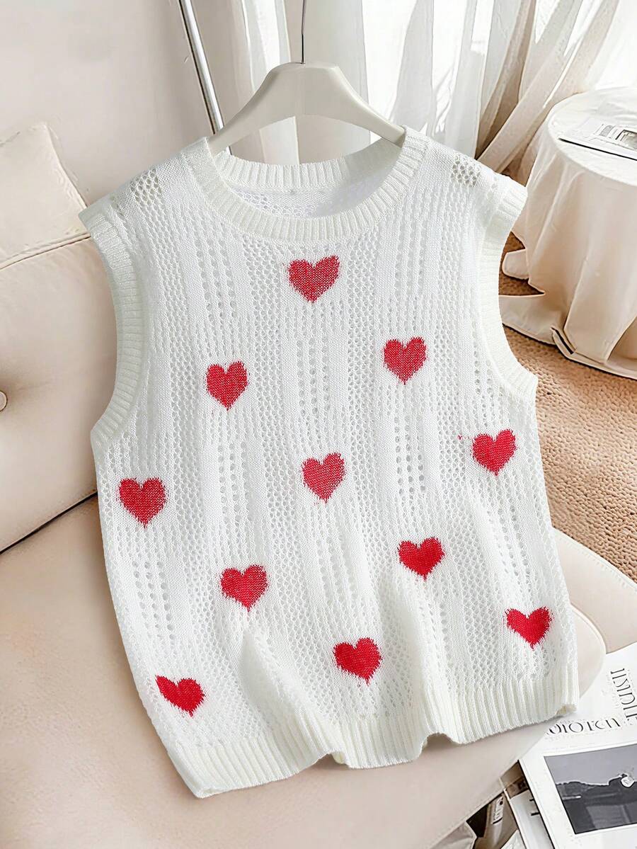 Manfinity Joysei Men's Heart Pattern Hollow Out Casual Knit Vest Heart-Shaped Knitted Vest Couple Knitted Sweater Knitted Sweater Couple Couple Loving Couple Model - Multicolor - View 1