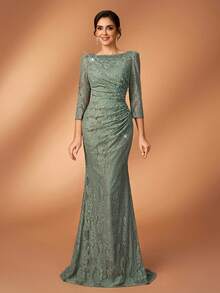 Serin Elegant Luxurious Diamond Beaded Elastic Lace Sheer Sleeve Ruched Mermaid Skirt, Suitable For Weddings, Parties, Vacations, Balls, Holidays, Bride & Mother Of The Bride Evening Gowns - Green - View 6