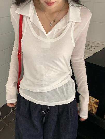 DAZY 女士轻薄纯色 Polo 衫和吊带背心两件套