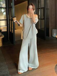 DAZY Women's Oblique Shoulder Vacation Style Fresh Korean Casual T-Shirt And Ankle Length Pants 2 Pieces Set, Spring/Summer - Grey - View 3