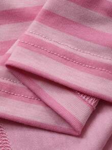 Livesso Pink Round Neck Striped Loose Fit Women's Short Sleeve T-Shirt, Summer - Pink - View 3