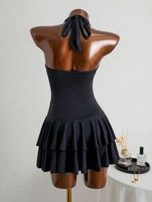 Swim Vcay 2026 Spring/Summer Women's Halter Neck Ruched Deep V-Neck Fitted Vacation One-Piece Bikini Swimsuit - Black - View 2