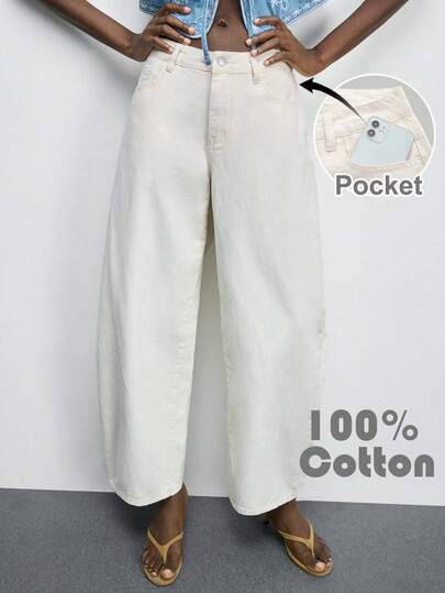 Maija Women's White Low-Rise Curved Wide-Leg Jeans, Summer Casual Women's Cropped Pants