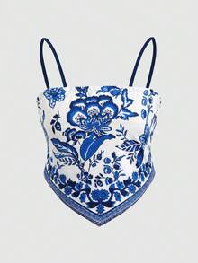 SHEIN 少女休闲度假复古图案不对称下摆吊带背心 - 藍色 - 查看 4