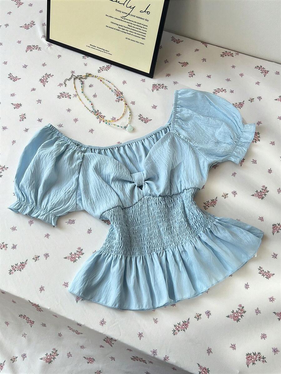 Elamini Women's Light Blue Shirred Bubble Sleeve Casual Shirt, Summer - Baby Blue - View 1