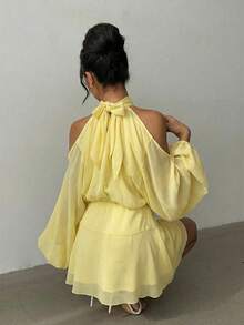 Aloruh Women's Elegant Pale Yellow Mini Dress,Long Sleeve Lantern Sleeve A-Line Party Dress,Summer Wedding Guest Dress,Solid Color Short Afternoon Tea Dress - Light Yellow - View 6
