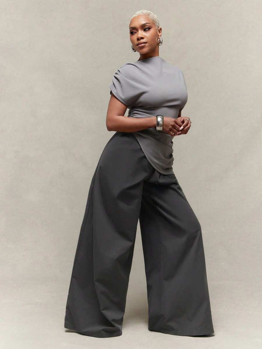 Vixey Grey High Waist Pleated Wide Leg Trousers - Grey - View 1