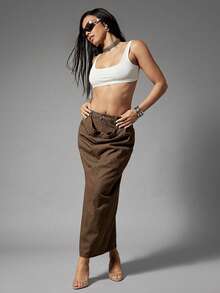 Denimoi Stacked Waist Slouchy Waist Detail Denim Midi Skirt Streetwear Statement Denim Skirt - Brown - View 3