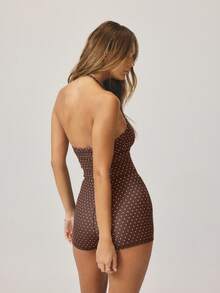 Aralina Women's Polka Dot Print Open Back Halter Romper - Chocolate Brown - View 9