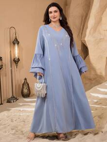 Al Najma Plus Size Middle Eastern V-Neck Pearl Trim Decor Long Sleeve Puff Cuff Rhinestone Embellished Loose Fit Shiny Comfortable Party Maxi Dress - Dusty Blue - View 4