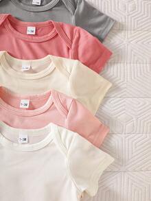 SHEIN Bộ quần áo 5 món cho bé sơ sinh | Gồm áo liền quần tay ngắn + quần dài màu hồng/be/nâu/trắng, chất liệu vải cotton co giãn, viền may tinh tế, dễ thương và thân thiện với làn da, phù hợp cho mùa xuân/thu, dự tiệc và dã ngoại. - Nhiều màu - Xem 7