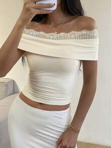 DAZY Blusa elegante de verano con hombros descubiertos, encaje y ajuste ceñido - Beis - Ver 4