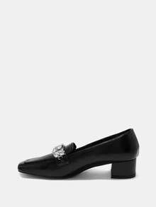 CUCCOO BIZCHIC Women's New Thick Heel Loafers, Fashionable Square Toe Rhinestone Decor Shoes Spring Shoes - Black - View 10