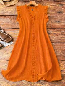 Linhara Plus Size Women Sleeve & Collar Patchwork Ruffle Trim V-Neck Sleeveless Casual Comfortable Dress, Suitable For Daily Commute - Orange - View 1