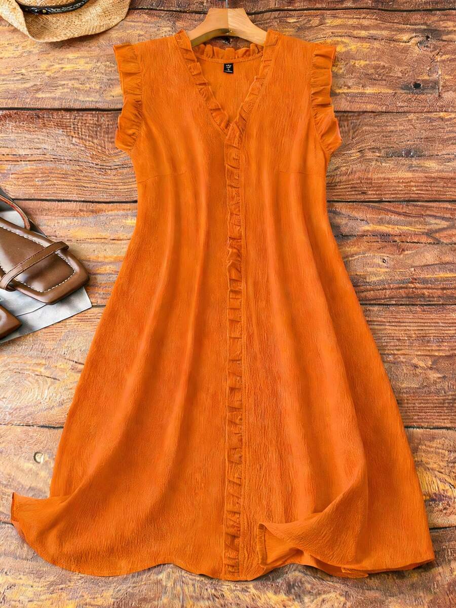 Linhara Plus Size Women Sleeve & Collar Patchwork Ruffle Trim V-Neck Sleeveless Casual Comfortable Dress, Suitable For Daily Commute - Orange - View 1