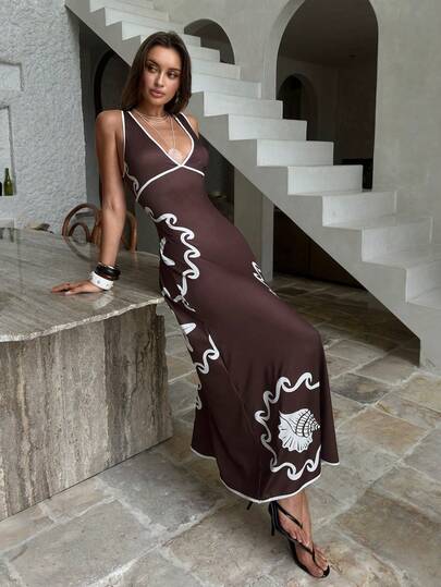 Aloruh Vestido largo de mujer para vacaciones con estampado de estrellas de mar y conchas, cuello en V profundo, contraste de color, línea A, sin mangas, de punto elástico, elegante y bohemio para la playa