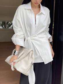 DAZY Áo kiểu nữ cổ ve lật, dáng rộng, tay dài, thắt nơ bên hông, phong cách thành thị, thường ngày, đi nghỉ mát. - trắng - Xem 6