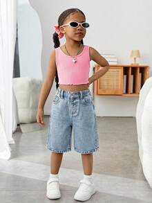 SHEIN Young Girl Y2K New Fashion Casual Soft Boho Pink Bowknot And Cherry Print Light Blue Loose Fir Cotton Denim Long Jeans Shorts Spring Summer,For Spring/Summer Dailywear,Streetwear,Beach,Vacation, Casual, Graphic Jeans,Short,4-Year-Old Shorts,Summer Shorts,Casual Shorts,Bowknot Shorts,Cherry Shorts - Light Wash - View 4