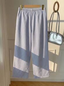 Comfortcana 休闲条纹印花百搭长裤，适合日常穿着、聚会、机场、夏季外出——女士低腰系带长裤 - 白色 - 查看 6
