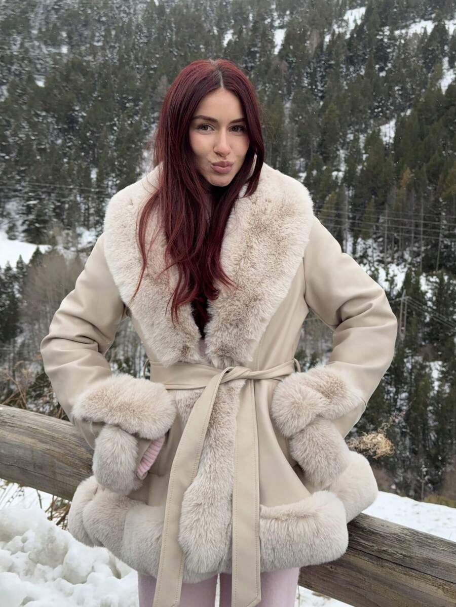 Abrilcols Fuzzy Collar Belted Coat - Beige - View 1