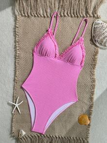 Swim Mod New Pink And White Striped Ruffle Strap One-Piece Swimsuit For Women, Summer Holiday Beach Cute - Pink - View 3