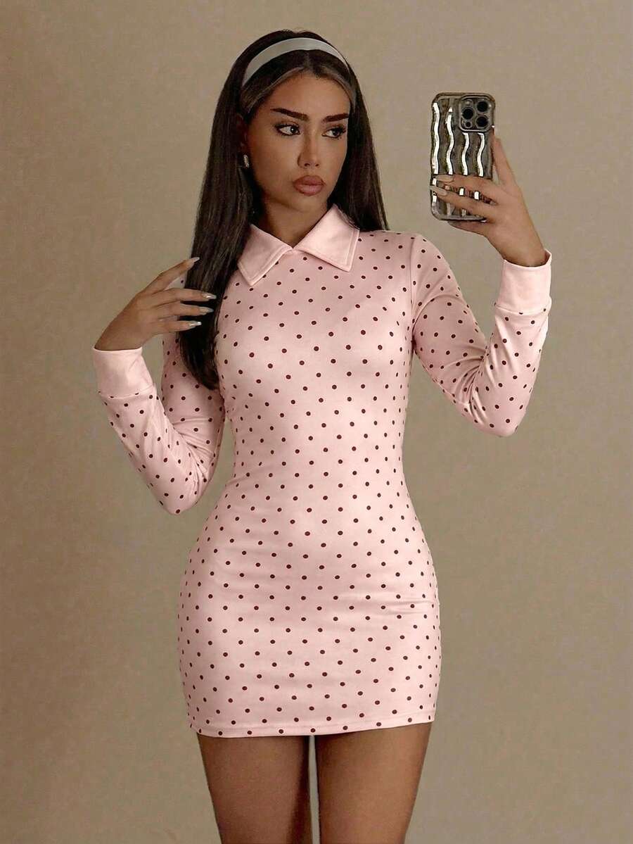 SHEIN ICON 女士修身黑白波点撞色领星期三迷你连衣裙 - 淺粉色 - 查看 1