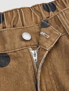 SHEIN PETITE CURVE 春夏款 PETITE CURVE 女士波点印花口袋休闲宽松牛仔裤 休闲棕色波点喇叭裤 - 棕色 - 查看 10